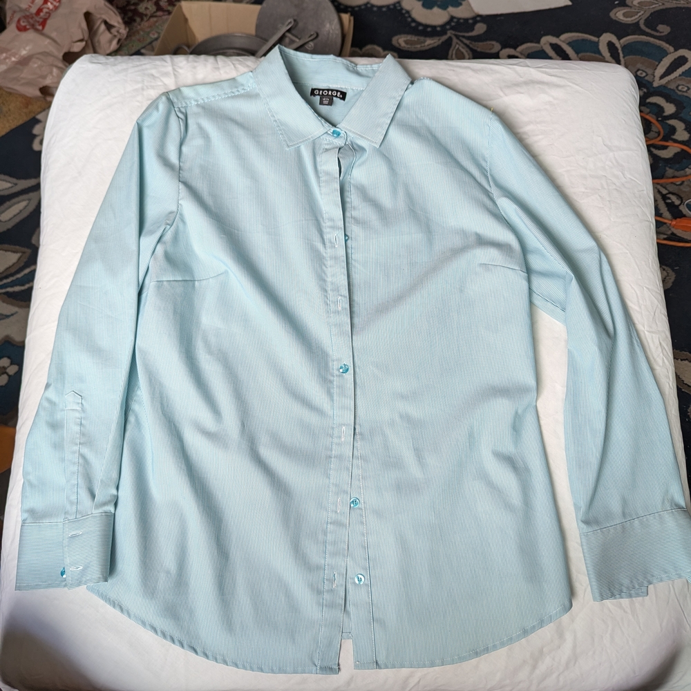 George Viridian Stripe Light Blue Casual Button Down Shirt Large